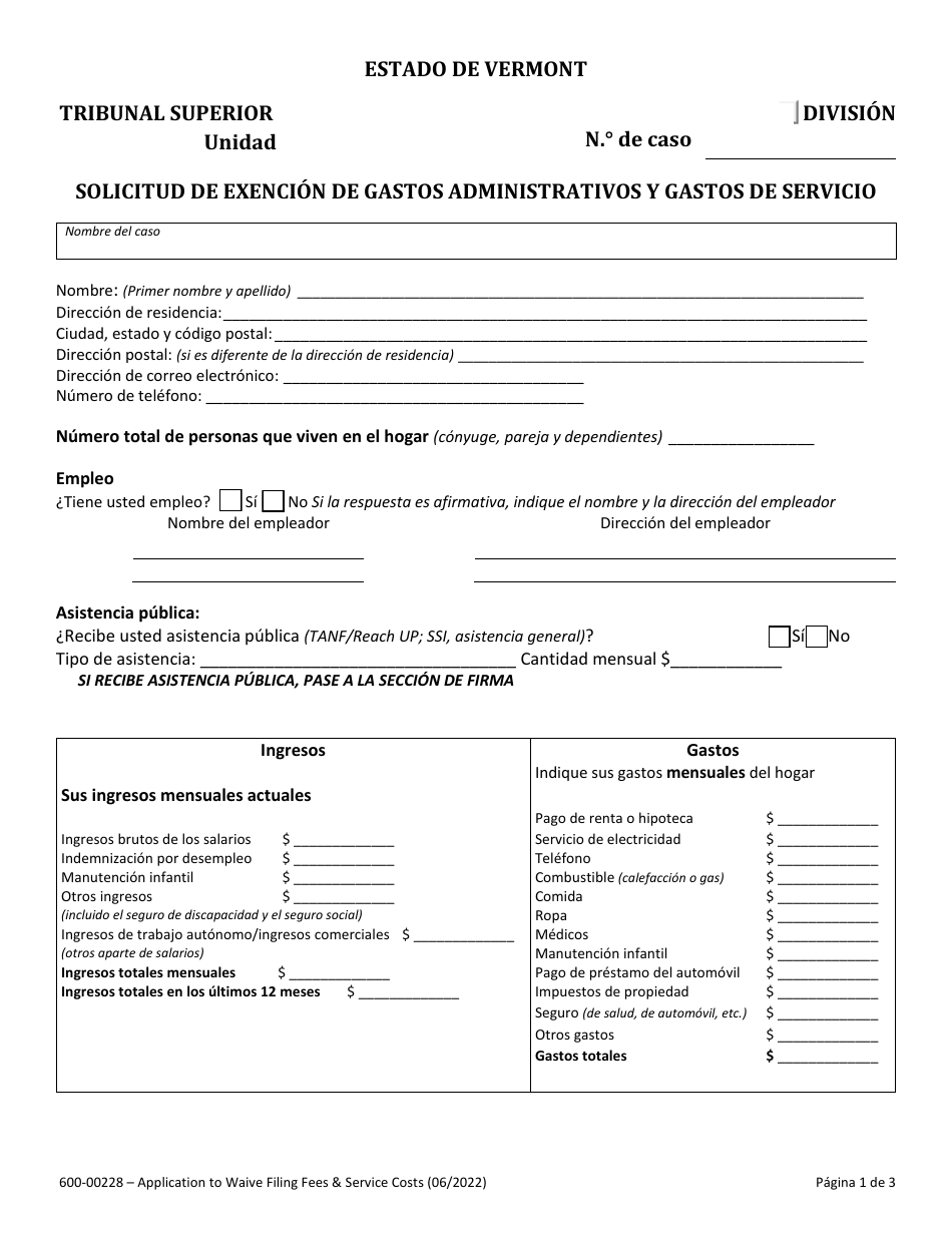 Formulario 600-00228 Solicitud De Exencipn De Gastos Administrativos Y Gastos De Servicio - Vermont (Spanish), Page 1