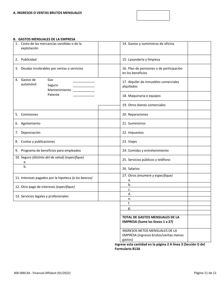 Formulario 400-00813A Declaracion Jurada Financiera - Vermont (Spanish), Page 11