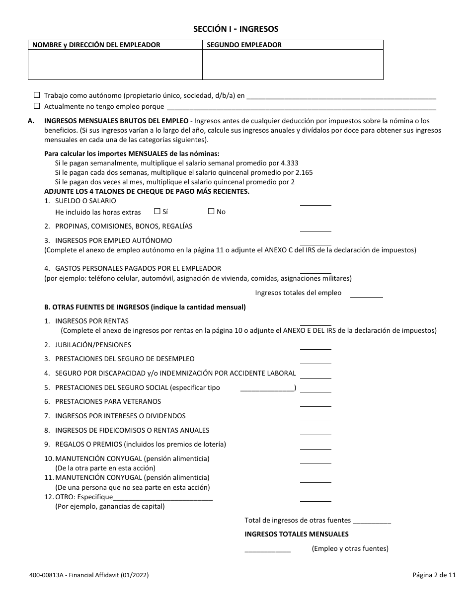 Formulario 400-00813A Declaracion Jurada Financiera - Vermont (Spanish), Page 2