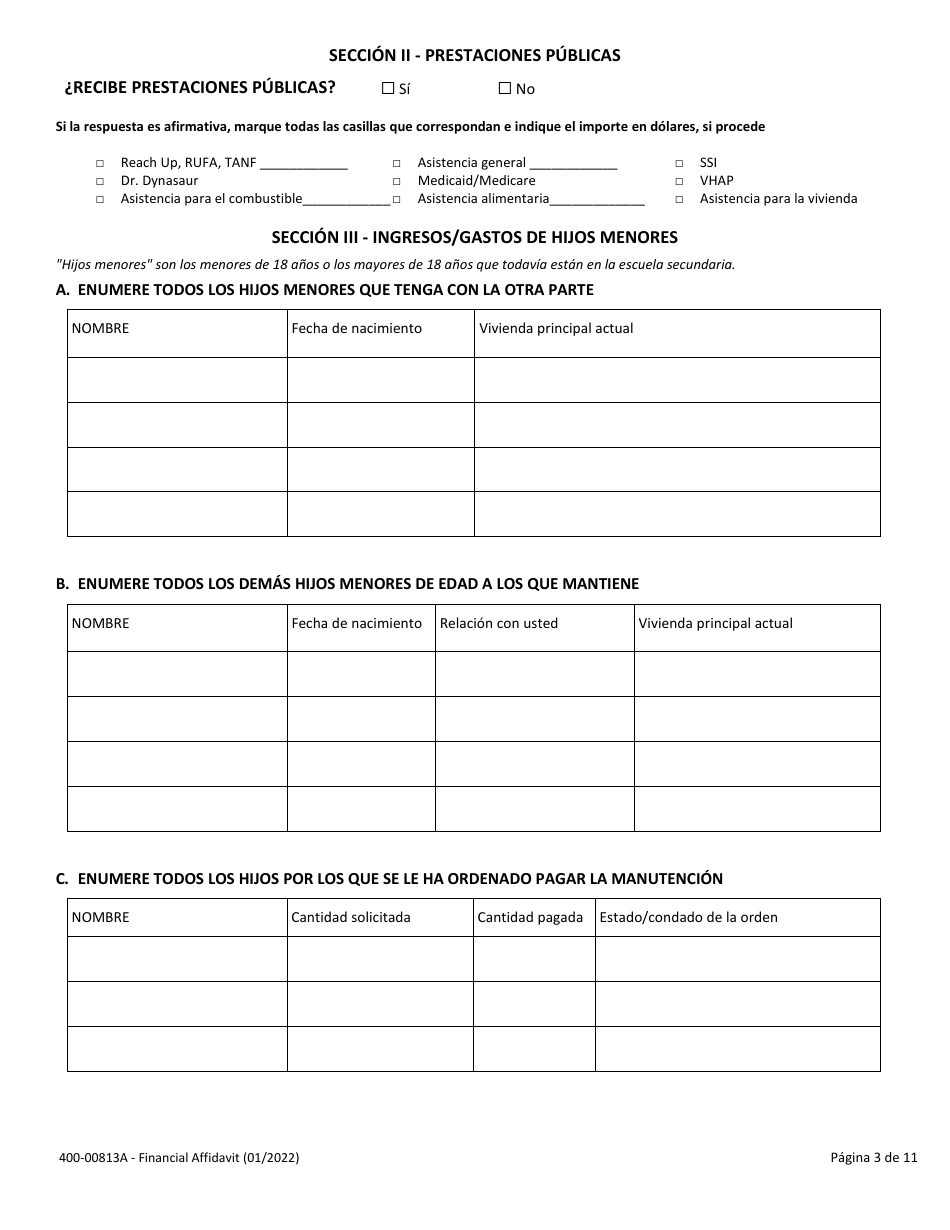 Formulario 400-00813A Declaracion Jurada Financiera - Vermont (Spanish), Page 3