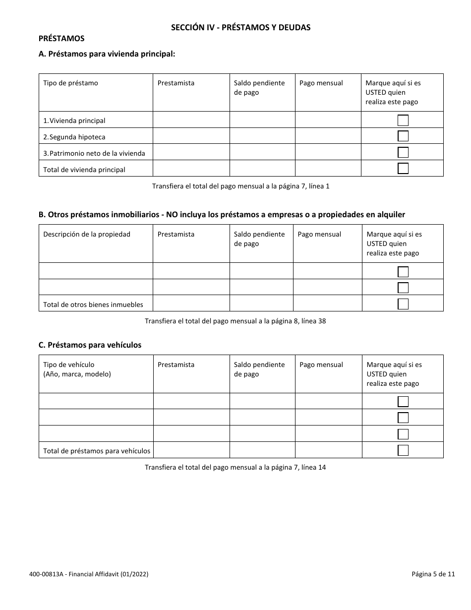 Formulario 400-00813A Declaracion Jurada Financiera - Vermont (Spanish), Page 5