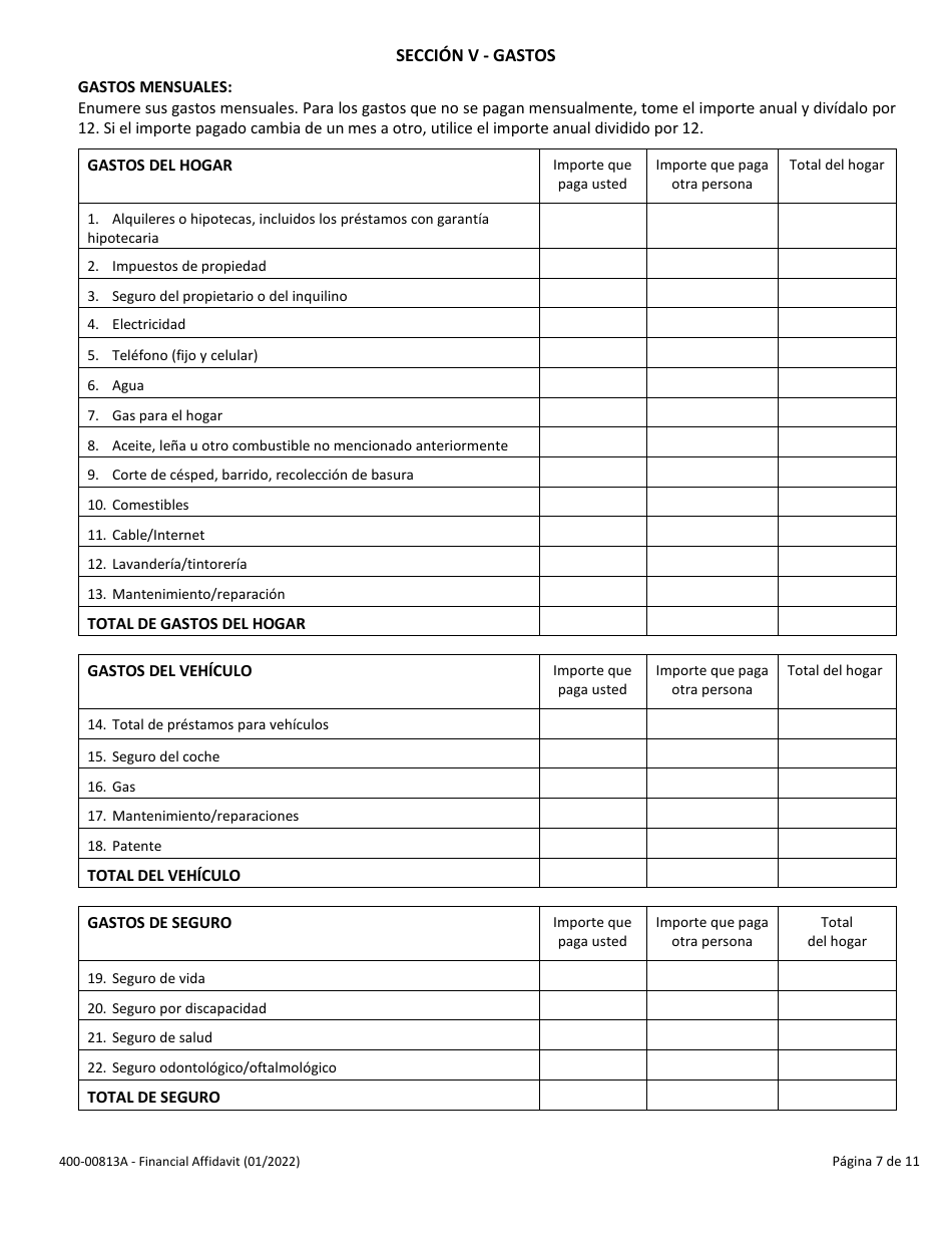Formulario 400-00813A Declaracion Jurada Financiera - Vermont (Spanish), Page 7