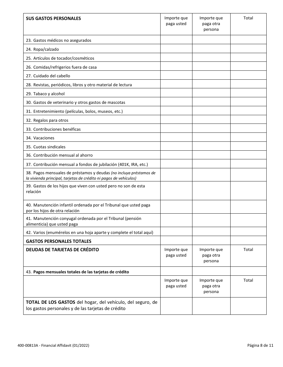 Formulario 400-00813A Declaracion Jurada Financiera - Vermont (Spanish), Page 8