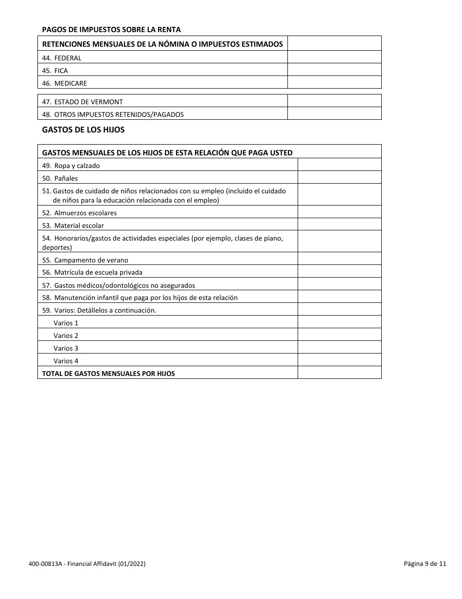 Formulario 400-00813A Declaracion Jurada Financiera - Vermont (Spanish), Page 9