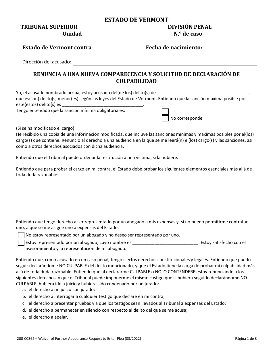 Formulario 200-00362 Renuncia a Una Nueva Comparecencia Y Solicitud De Declaracion De Culpabilidad - Vermont (Spanish), Page 1