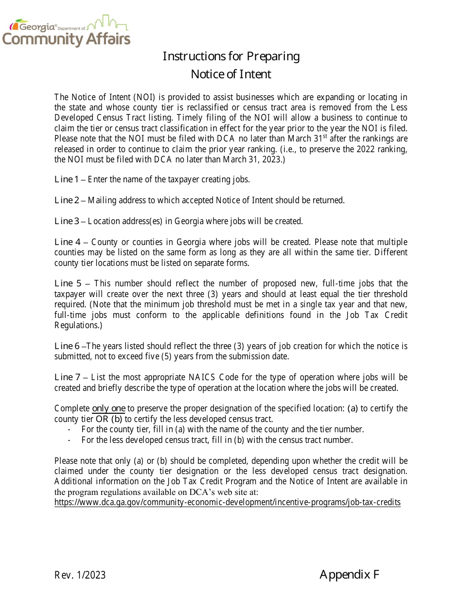 Appendix F Notice of Intent for Georgia Job Tax Credit - Georgia (United States), Page 1