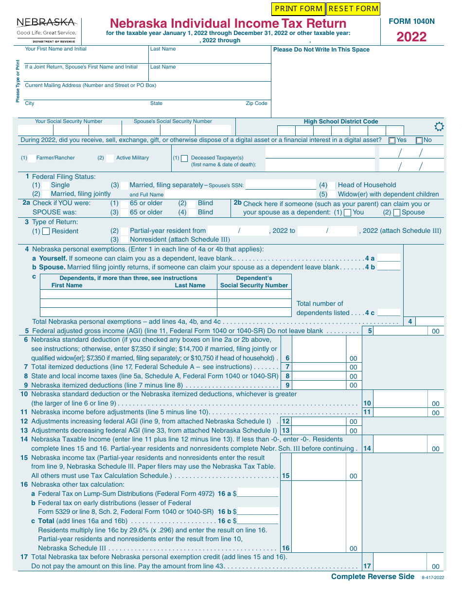 Form 1040N Nebraska Individual Income Tax Return - Nebraska, Page 1