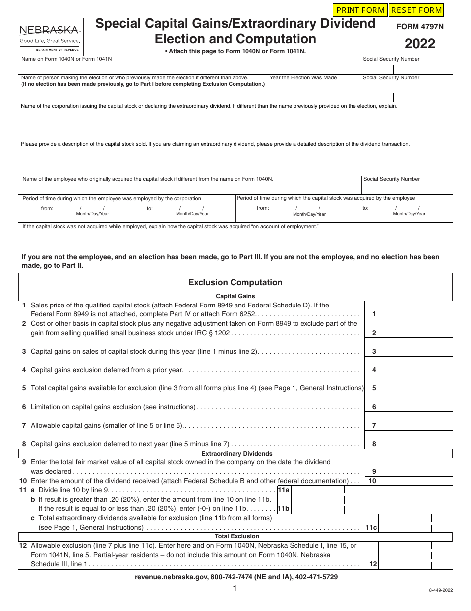 Form 4797N Special Capital Gains / Extraordinary Dividend Election and Computation - Nebraska, Page 1