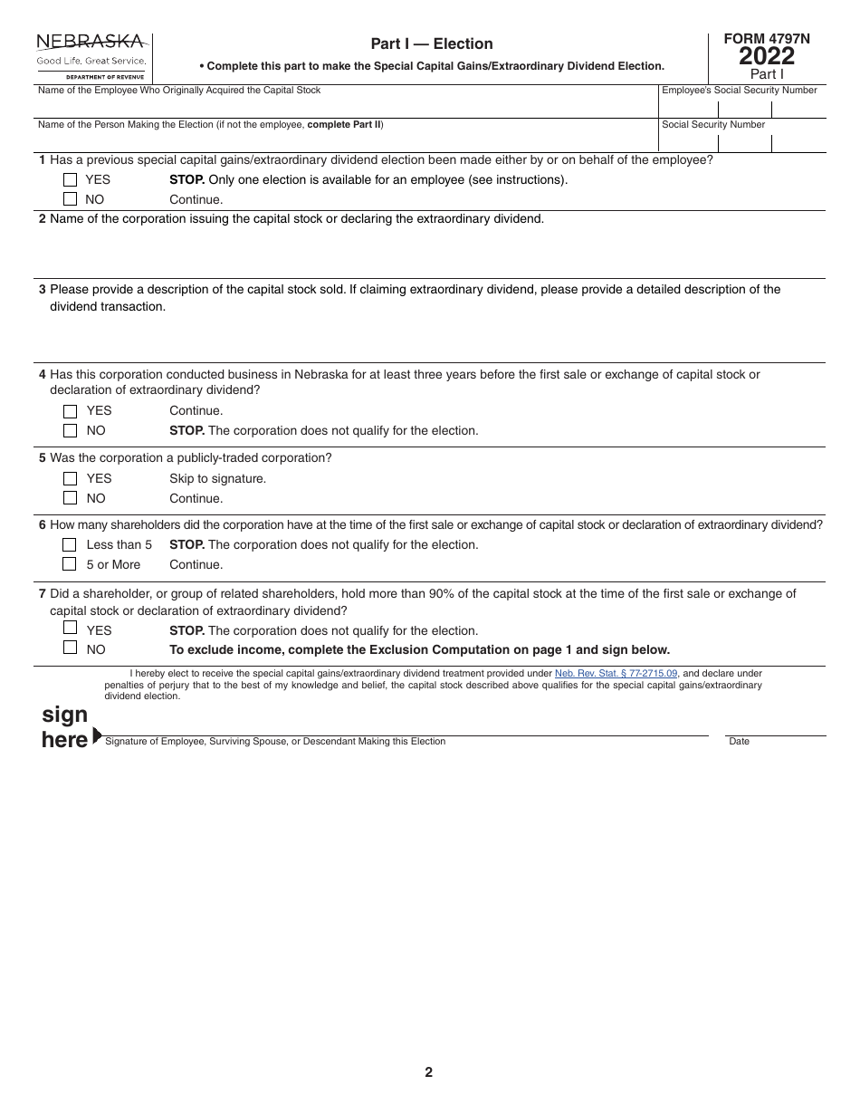 Form 4797N Special Capital Gains / Extraordinary Dividend Election and Computation - Nebraska, Page 2