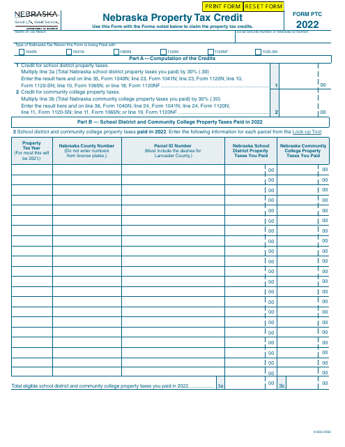 Form PTC Nebraska Property Tax Credit - Nebraska, 2022