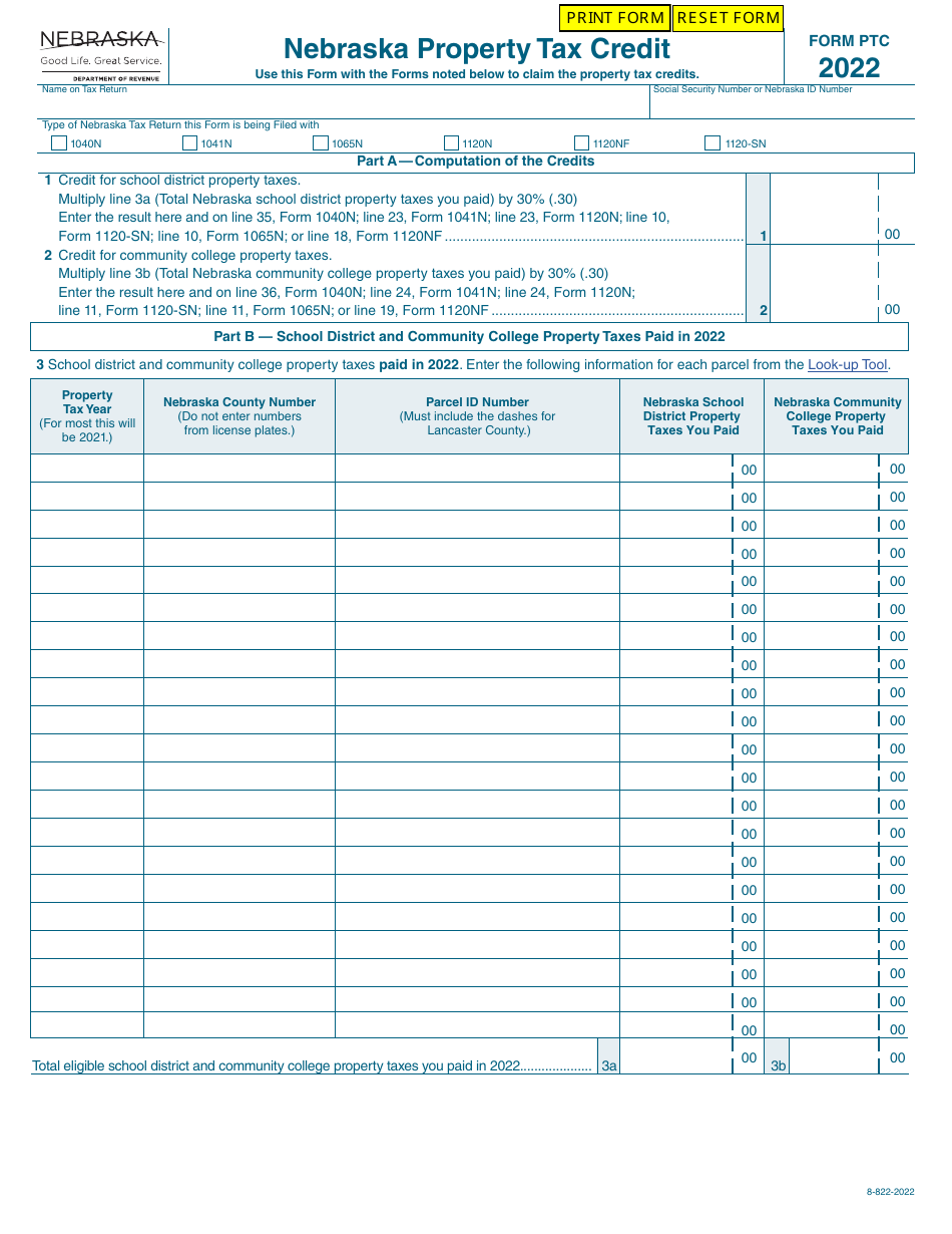 Form PTC Nebraska Property Tax Credit - Nebraska, Page 1