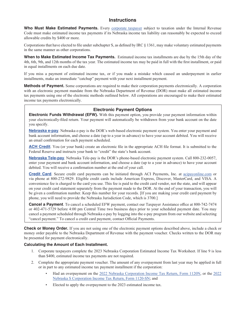 Form 1120N-ES Nebraska Corporation Estimated Income Tax Payment Voucher - Nebraska, Page 2