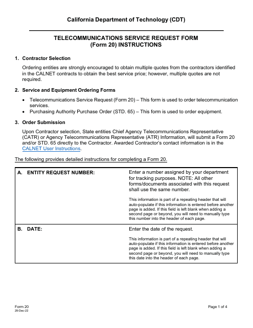 Instructions for Form 20 Telecommunications Service Request Form - California