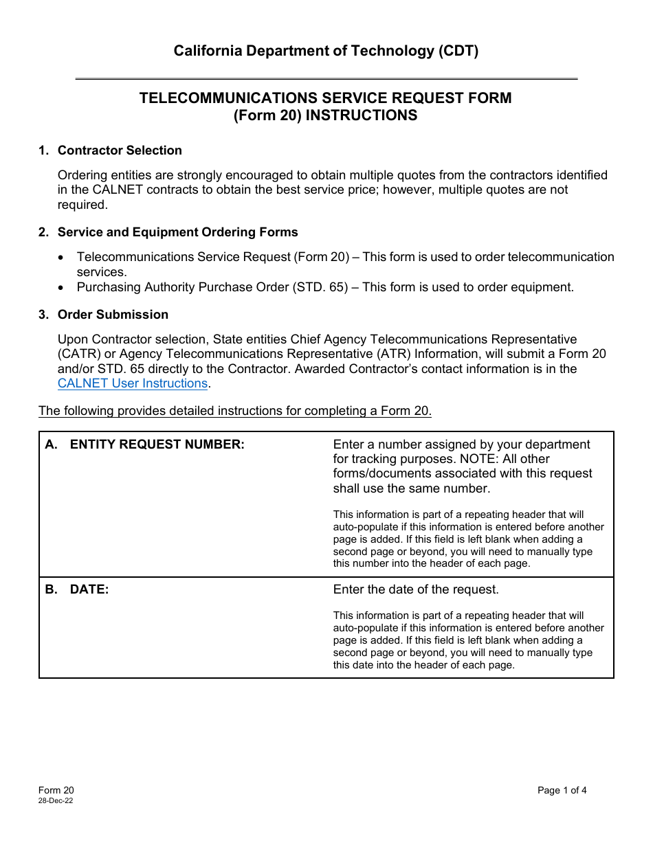 Instructions for Form 20 Telecommunications Service Request Form - California, Page 1