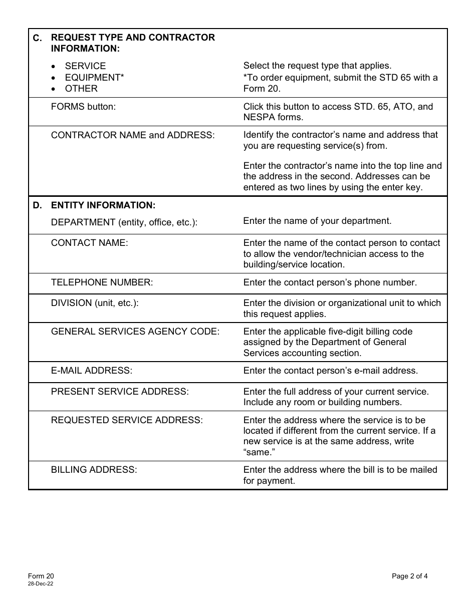 Instructions for Form 20 Telecommunications Service Request Form - California, Page 2