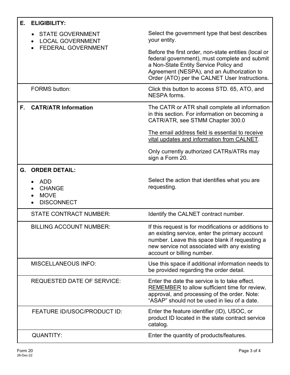 Instructions for Form 20 Telecommunications Service Request Form - California, Page 3