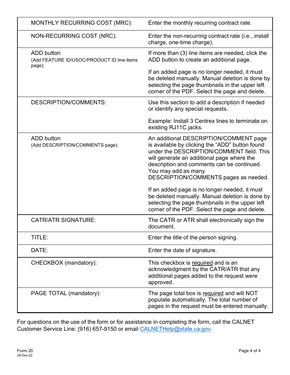 Instructions for Form 20 Telecommunications Service Request Form - California, Page 4