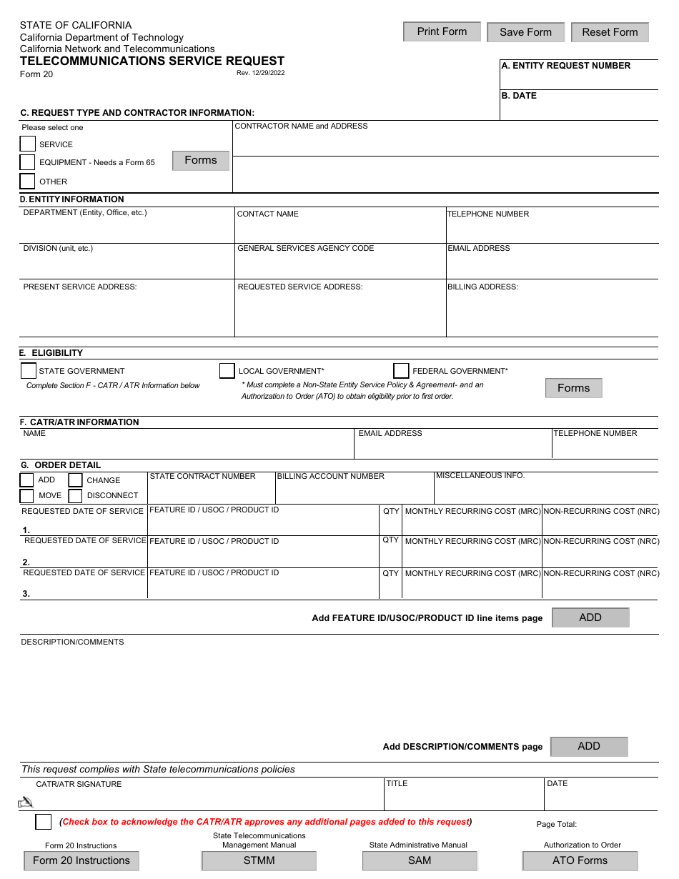 Form 20 Telecommunications Service Request - California, Page 1