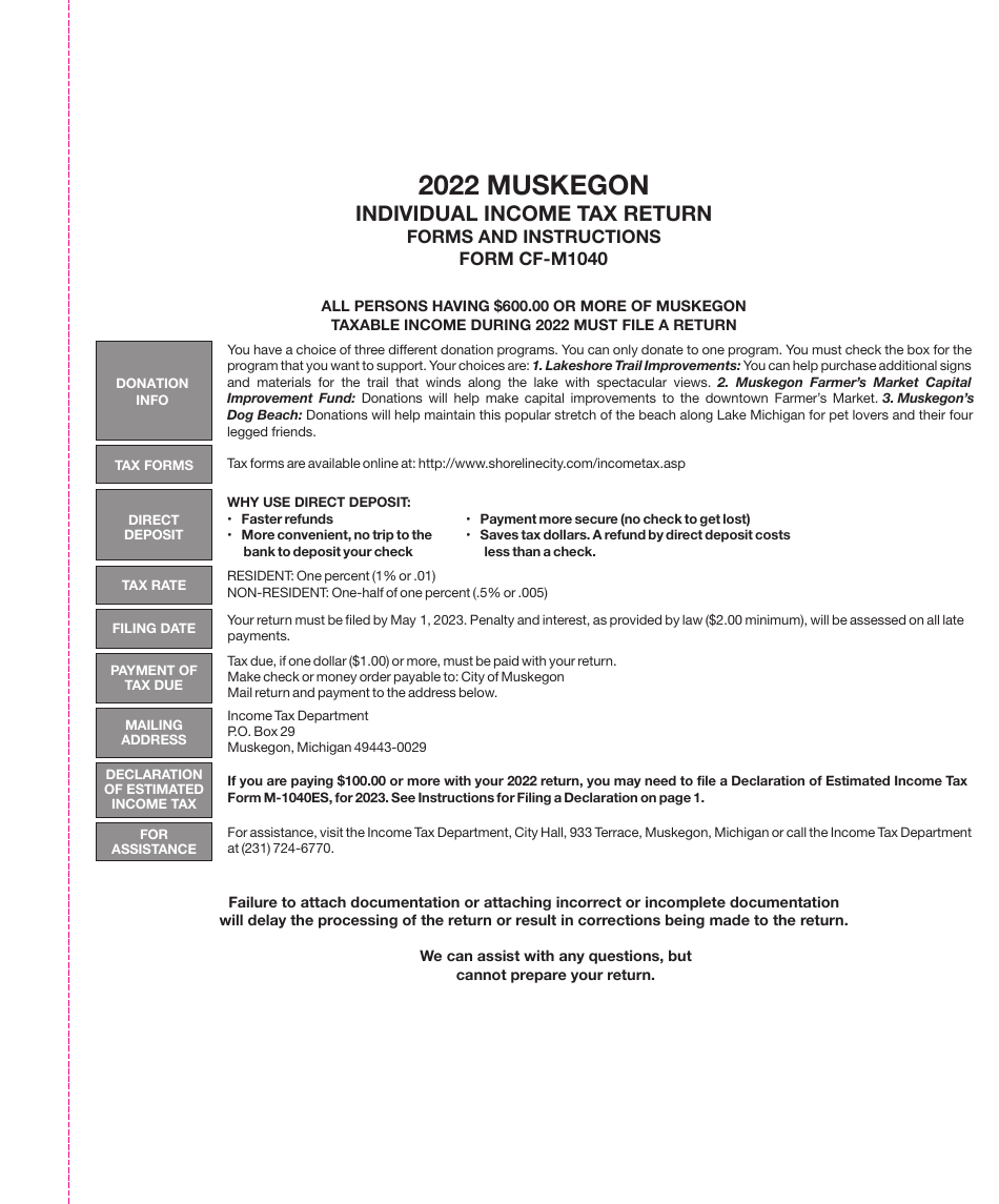 Form M-1040 Individual Income Tax Return - City of Muskegon, Michigan, Page 1
