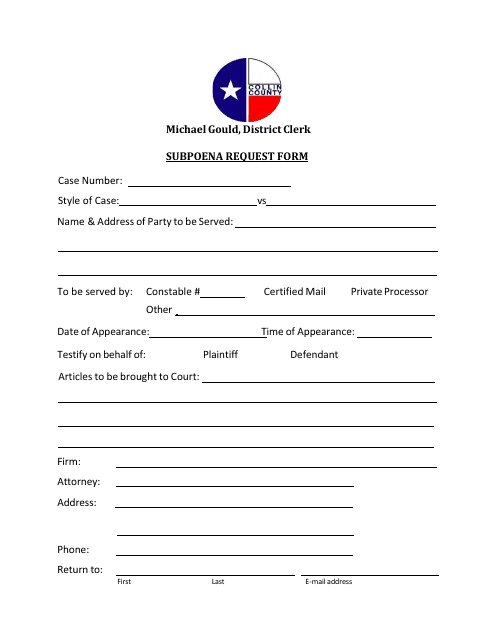 Subpoena Request Form - Collin County, Texas Download Pdf