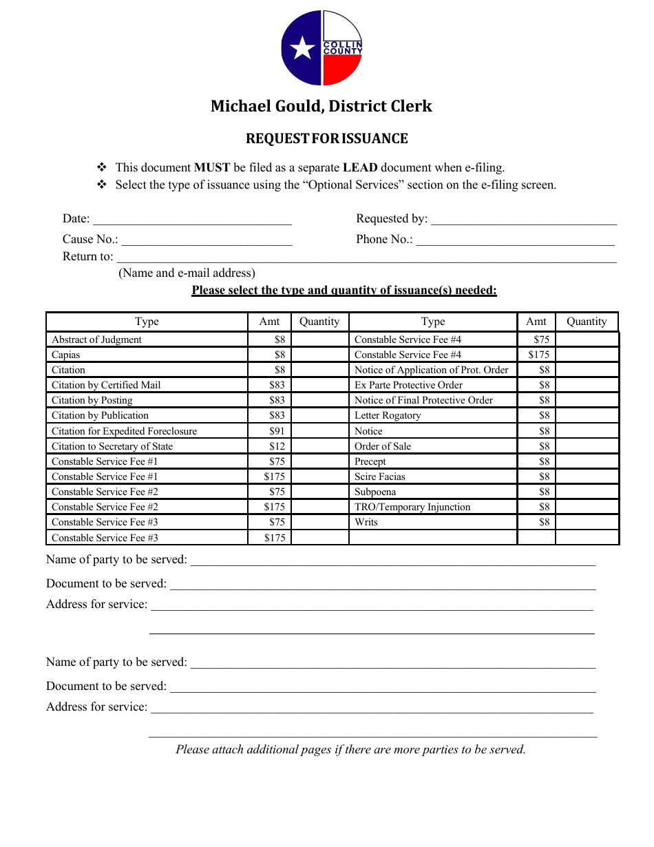 Collin County Texas Request For Issuance Download Printable Pdf Templateroller