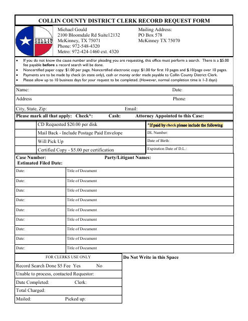 Collin County District Clerk Record Request Form - Collin County, Texas Download Pdf
