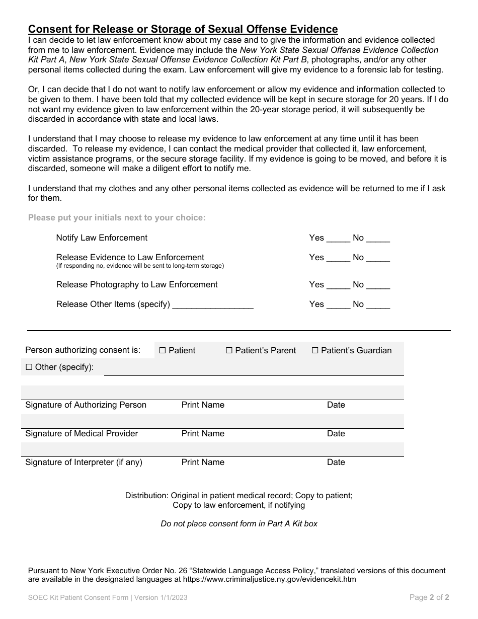 New York Sexual Offense Evidence Collection Kit Patient Consent Form ...