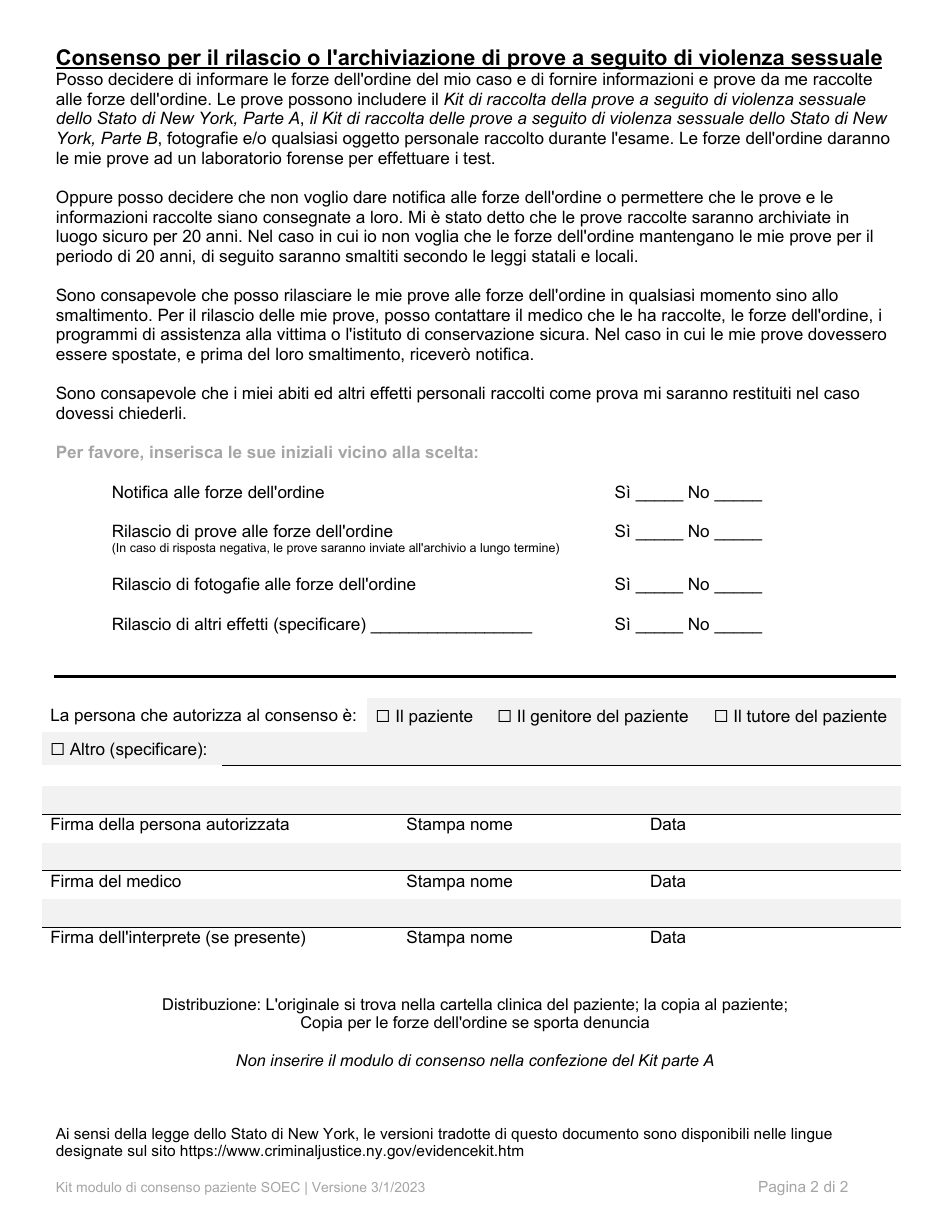 Part A Sexual Offense Evidence Collection Kit Patient Consent Form - New York (Italian), Page 2