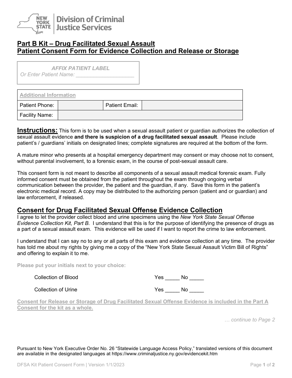 Part B Drug Facilitated Sexual Assault Patient Consent Form for Evidence Collection and Release or Storage - New York, Page 1