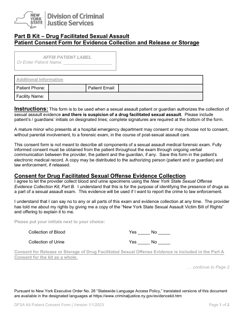 Part B Drug Facilitated Sexual Assault Patient Consent Form for Evidence Collection and Release or Storage - New York