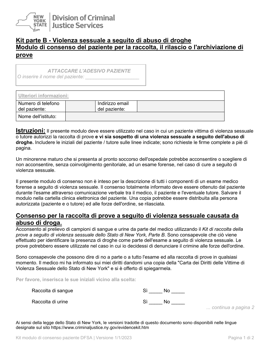 Part B Patient Consent Form for Evidence Collection and Release or Storage - Drug Facilitated Sexual Assault - New York (Italian), Page 1