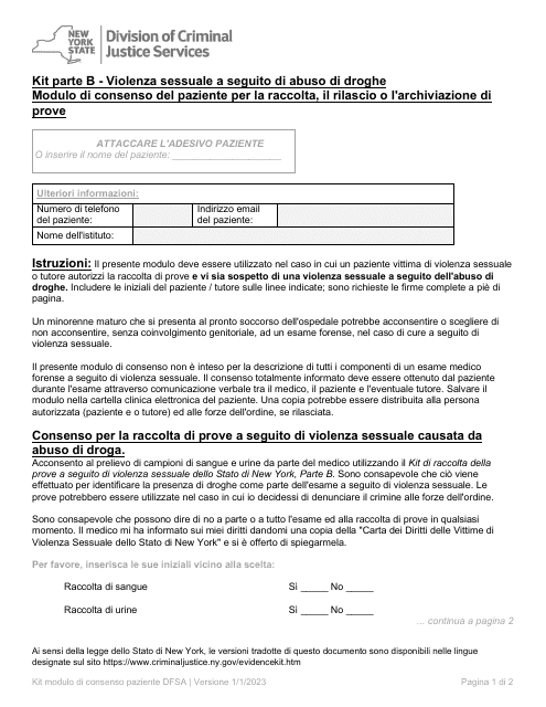 Part B Patient Consent Form for Evidence Collection and Release or Storage - Drug Facilitated Sexual Assault - New York (Italian)