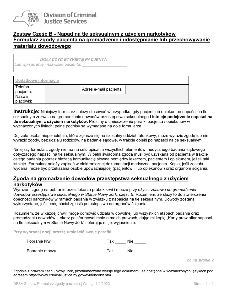 Part B Patient Consent Form for Evidence Collection and Release or Storage - Drug Facilitated Sexual Assault - New York (Polish), Page 1