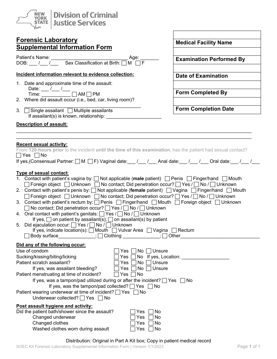 Forensic Laboratory Supplemental Information Form - New York, Page 1