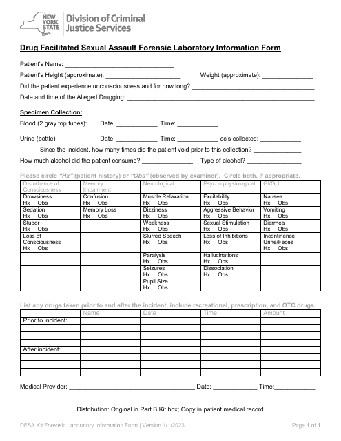 Drug Facilitated Sexual Assault Forensic Laboratory Information Form - New York Download Pdf