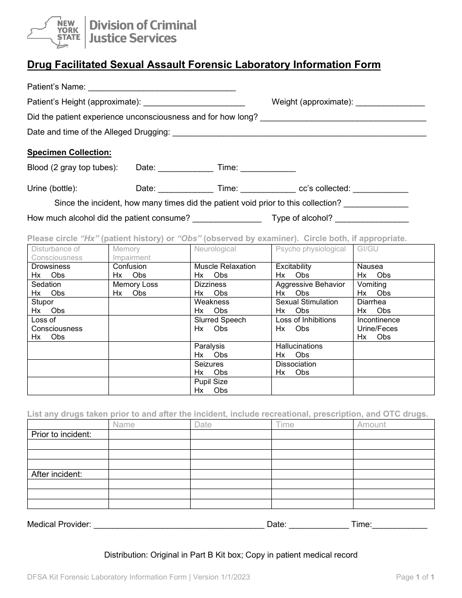 Drug Facilitated Sexual Assault Forensic Laboratory Information Form - New York, Page 1