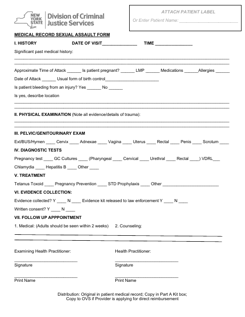 Medical Record Sexual Assault Form - New York