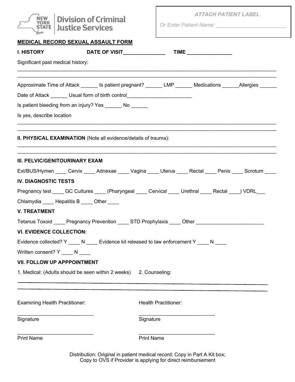 Medical Record Sexual Assault Form - New York, Page 1