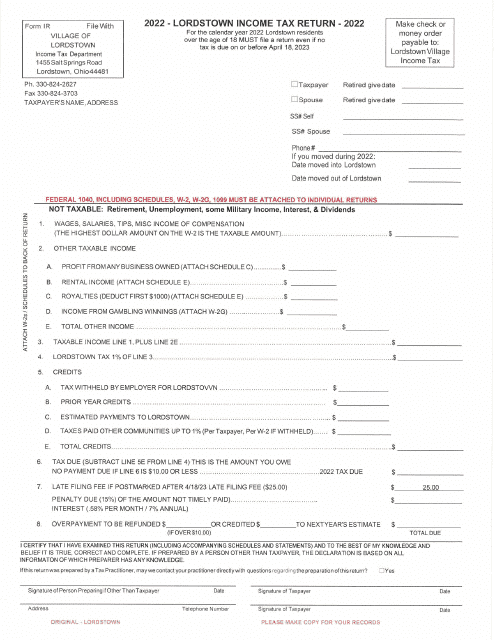 Income Tax Return - Village of Lordstown, Ohio Download Pdf