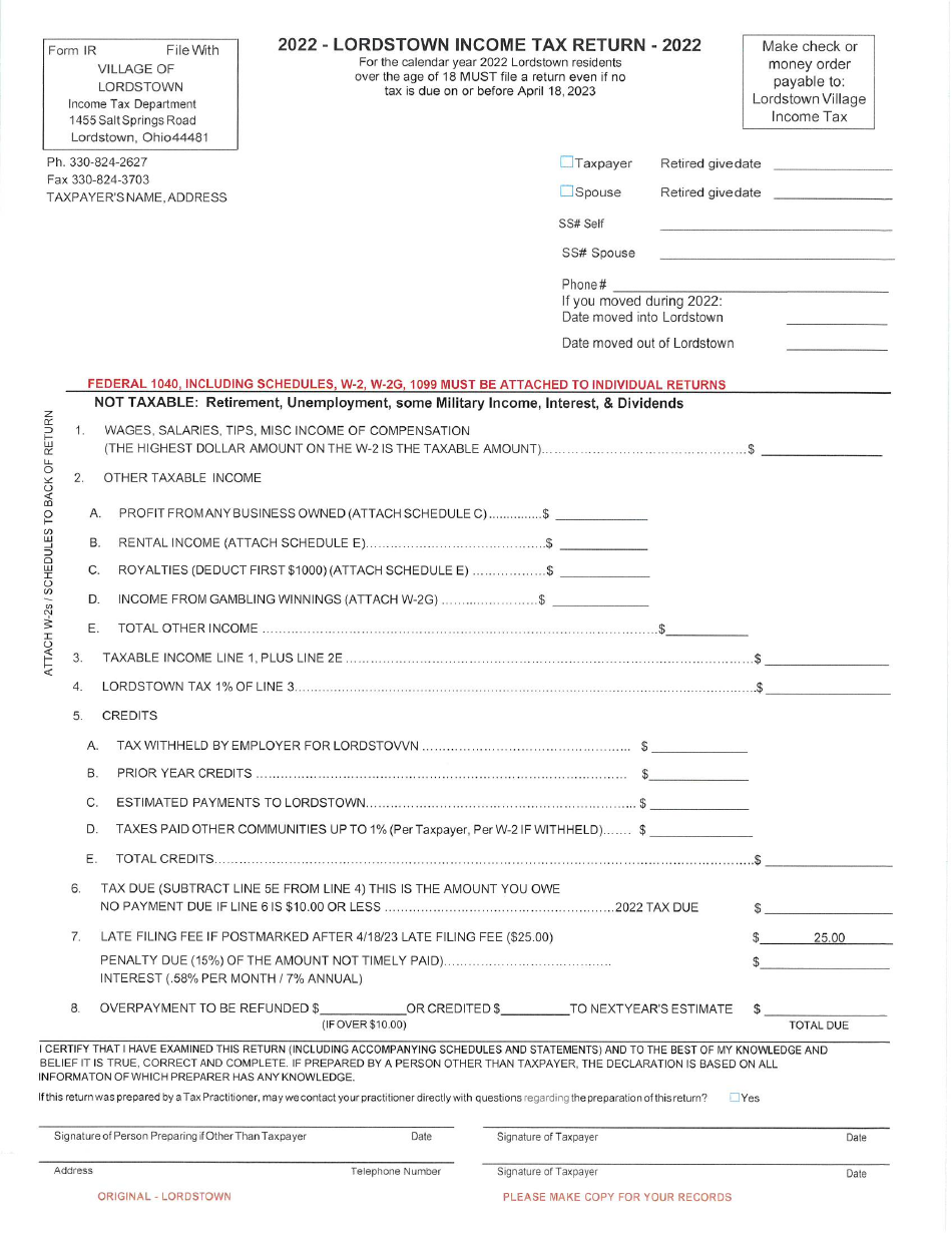 Income Tax Return - Village of Lordstown, Ohio, Page 1