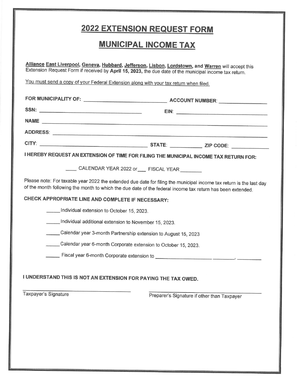 Extension Request Form - Municipal Income Tax - Village of Lordstown, Ohio, Page 1
