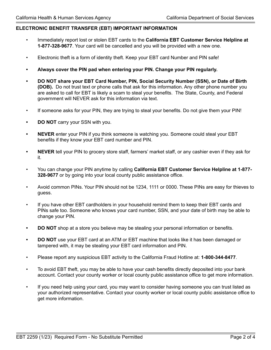 Form EBT2259 Report of Electronic Theft of Benefits - California, Page 2