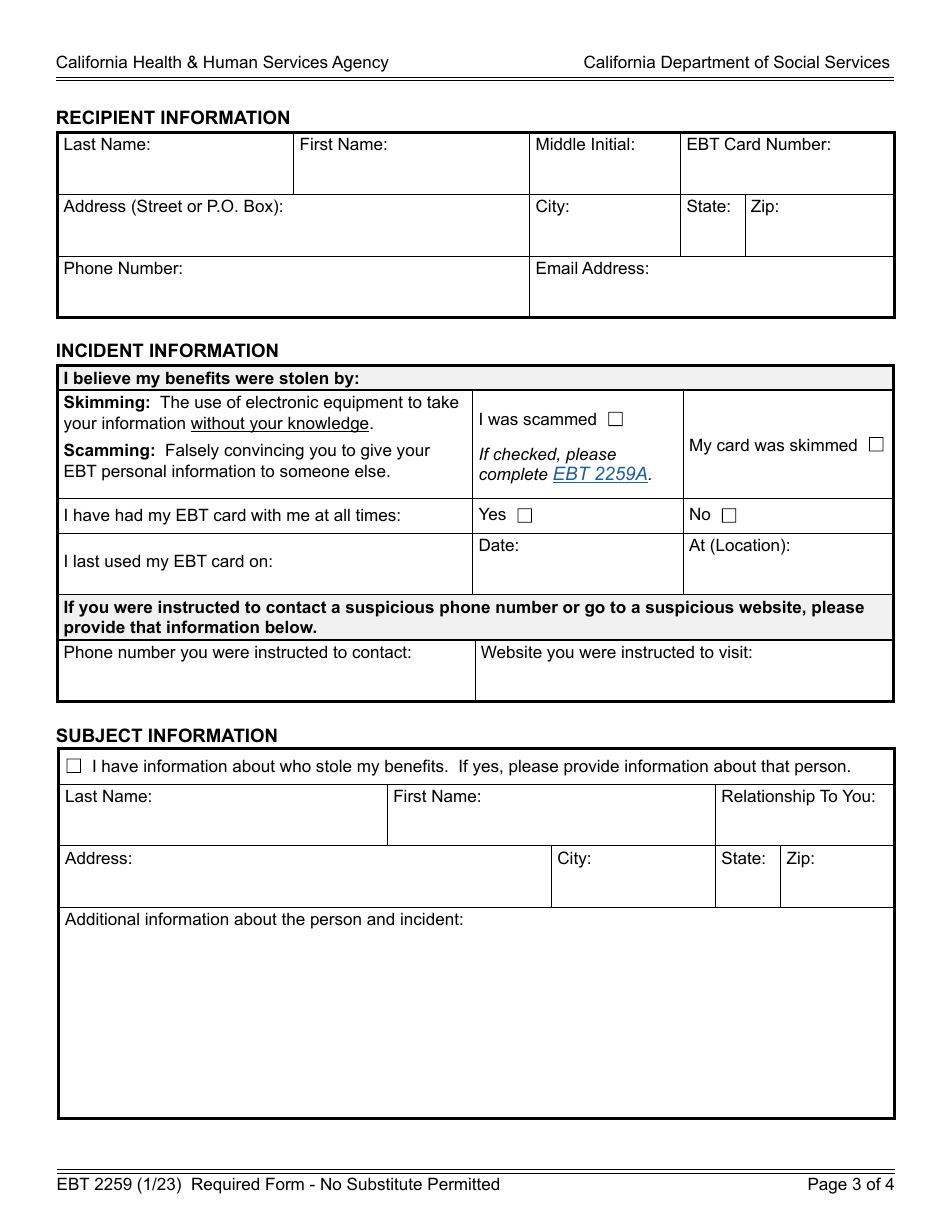 Form EBT2259 Report of Electronic Theft of Benefits - California, Page 3