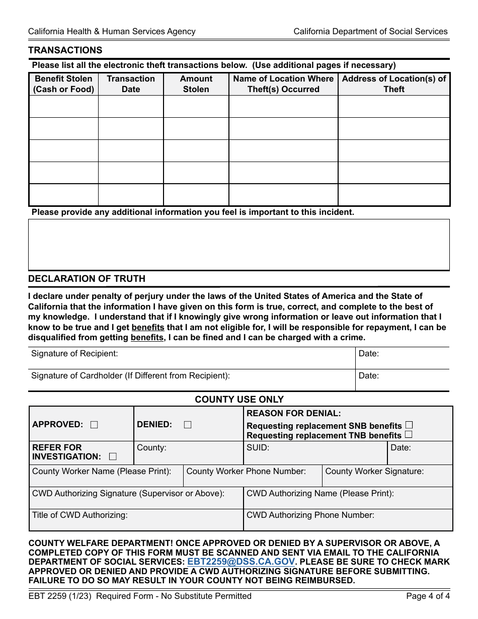 Form EBT2259 Report of Electronic Theft of Benefits - California, Page 4