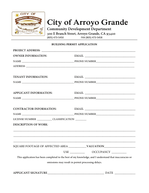 Building Permit Application - City of Arroyo Grande, California Download Pdf