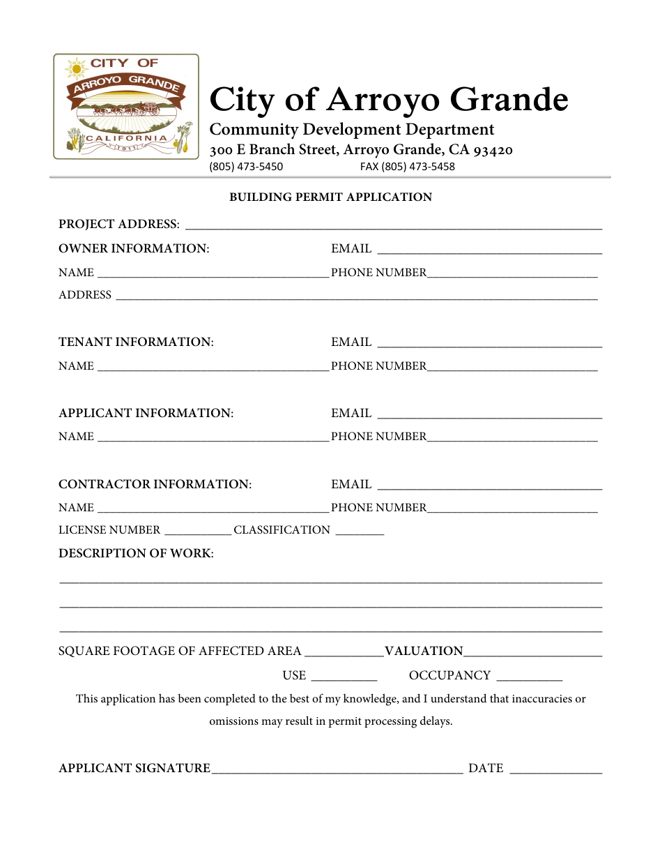 Building Permit Application - City of Arroyo Grande, California, Page 1