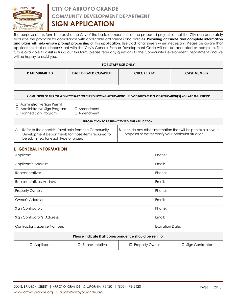 Sign Application - Cit of Arroyo Grande, California, Page 1