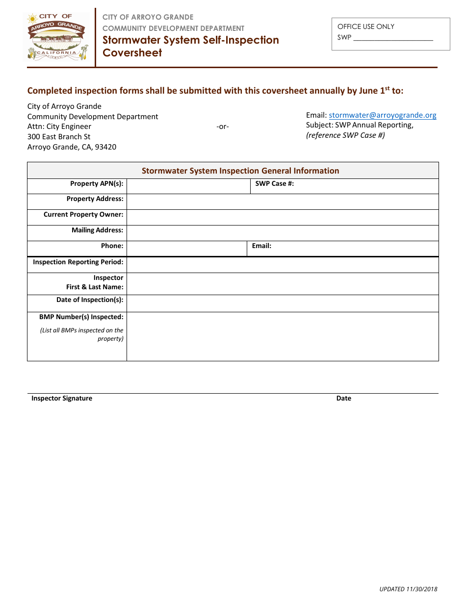 Stormwater System Self-inspection Coversheet - City of Arroyo Grande, California, Page 1