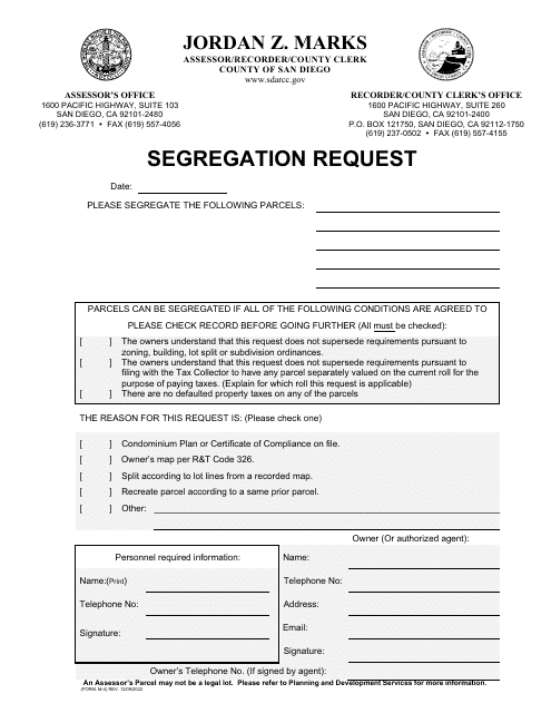 Form M-4 Parcel Segregation Request - County of San Diego, California