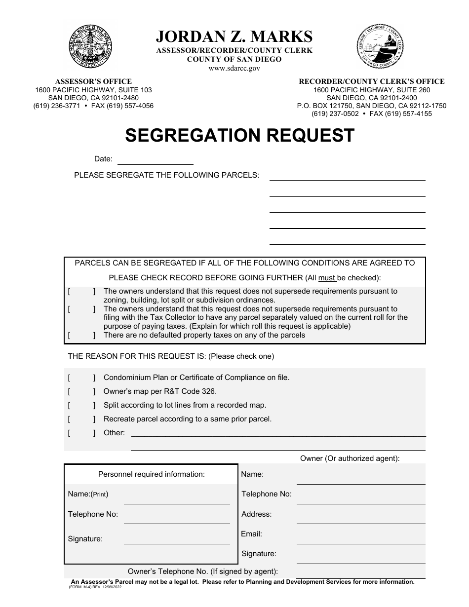 Form M-4 Parcel Segregation Request - County of San Diego, California, Page 1